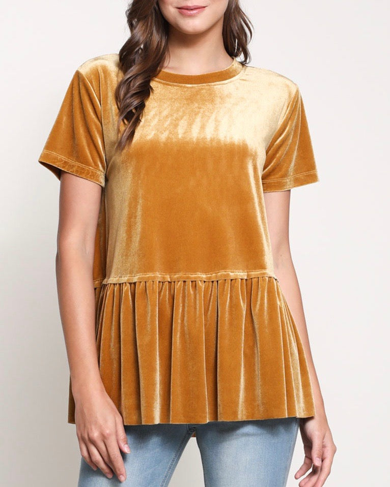 On The Road Peplum Velvet Tee in Mustard