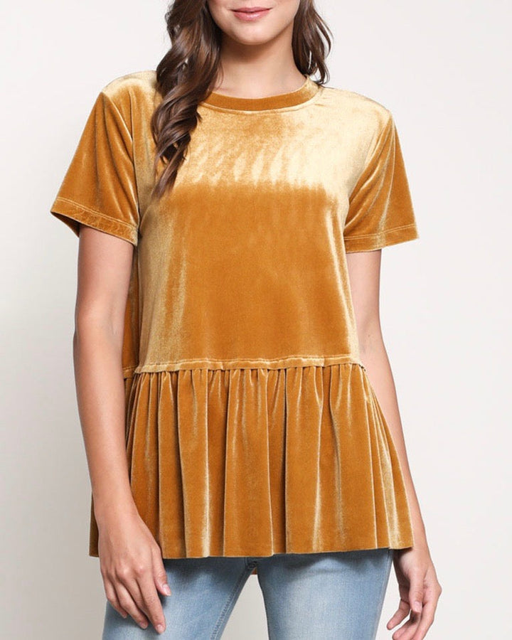 On The Road Peplum Velvet Tee in Mustard