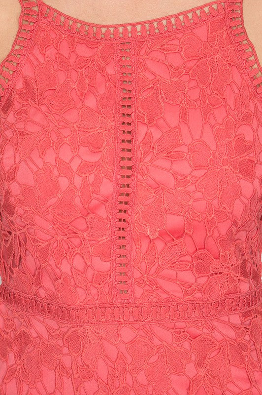 Ashlyn Sleeveless Lace Bodycon Dress in Coral