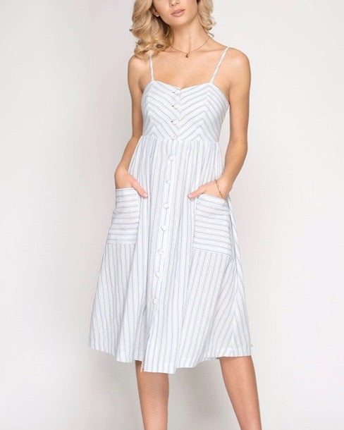 Uptown Button Down Striped Midi Dress in Blue