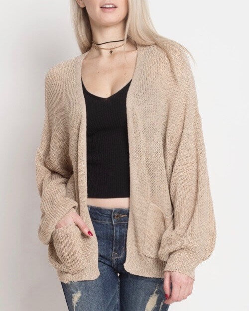 Final Sale - Dreamers - Lightweight Open Cardigan with Balloon Sleeves in Taupe
