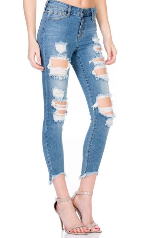 Stevie Destroyed Light Denim Wash Jeans with Frayed Hem