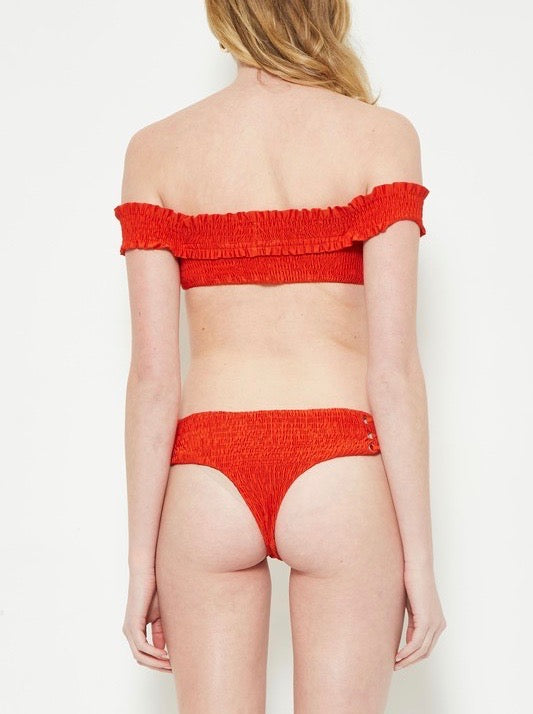 California Girl - Off The Shoulder Smocked Bikini Set in Blood Orange