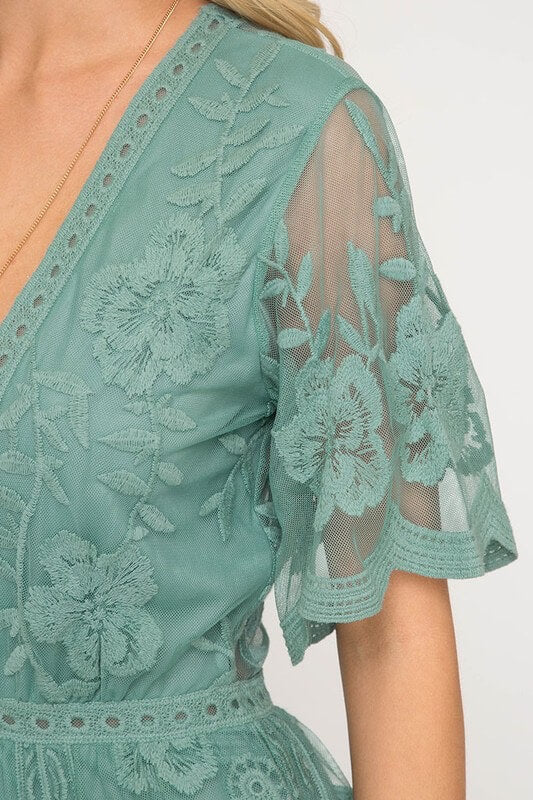 For What It's Worth Lace Romper in Slate Green