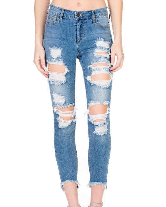 Stevie Destroyed Light Denim Wash Jeans with Frayed Hem