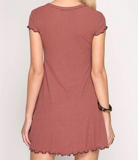 Cap Sleeve Striped Ribbed Swing Dress with Merrow Detail in More Colors