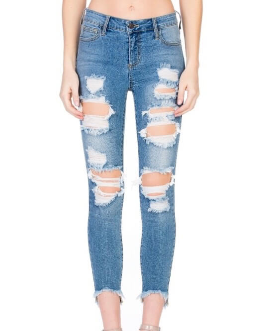 Stevie Destroyed Light Denim Wash Jeans with Frayed Hem