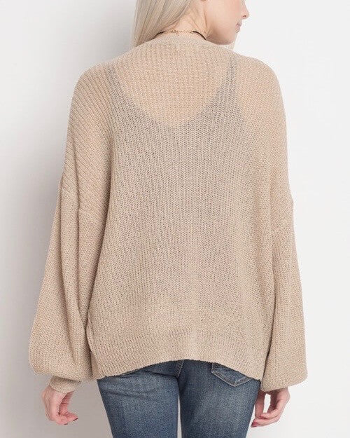 Final Sale - Dreamers - Lightweight Open Cardigan with Balloon Sleeves in Taupe