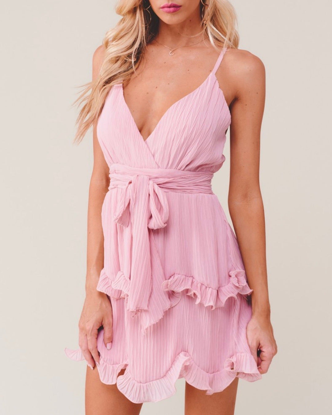Sabrina Sleeveless Ruffle Trim Criss Cross Dress in Blush