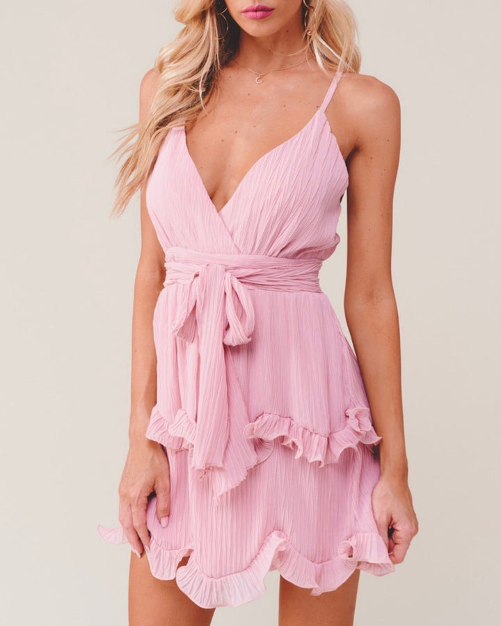 Sabrina Sleeveless Ruffle Trim Criss Cross Dress in Blush