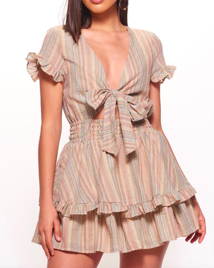 Multi-Striped Ruffled Mini Dress with Tie Front - Orange Multi