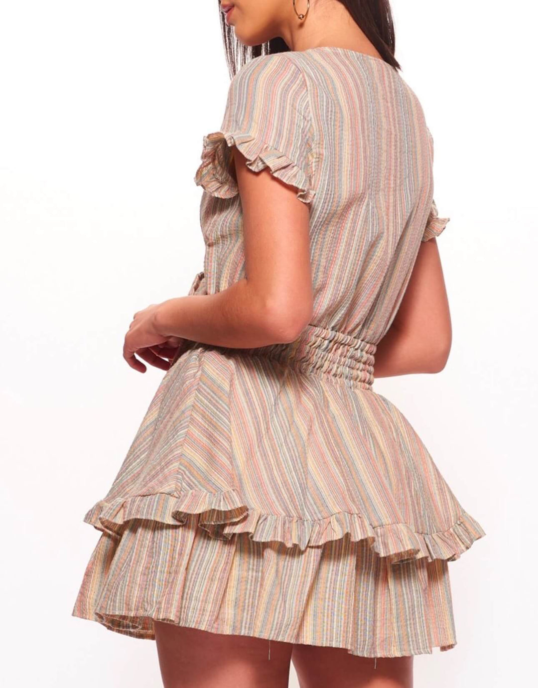 Multi-Striped Ruffled Mini Dress with Tie Front - Orange Multi