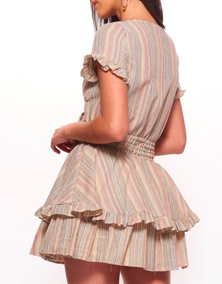 Multi-Striped Ruffled Mini Dress with Tie Front - Orange Multi