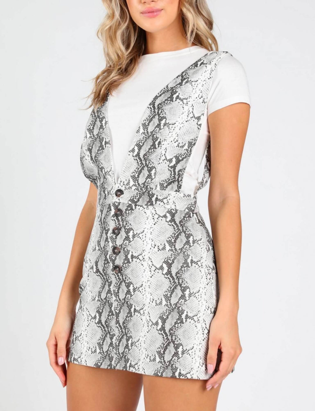 Final Sale - Honey Punch - Deep V Neck Snake Print Pinafore in Grey/Snake Print PU