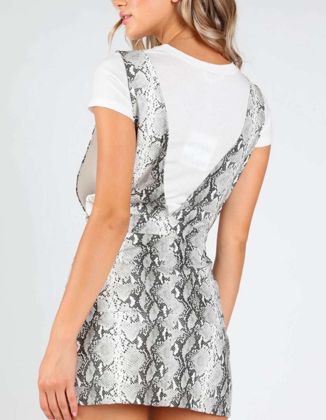 Final Sale - Honey Punch - Deep V Neck Snake Print Pinafore in Grey/Snake Print PU