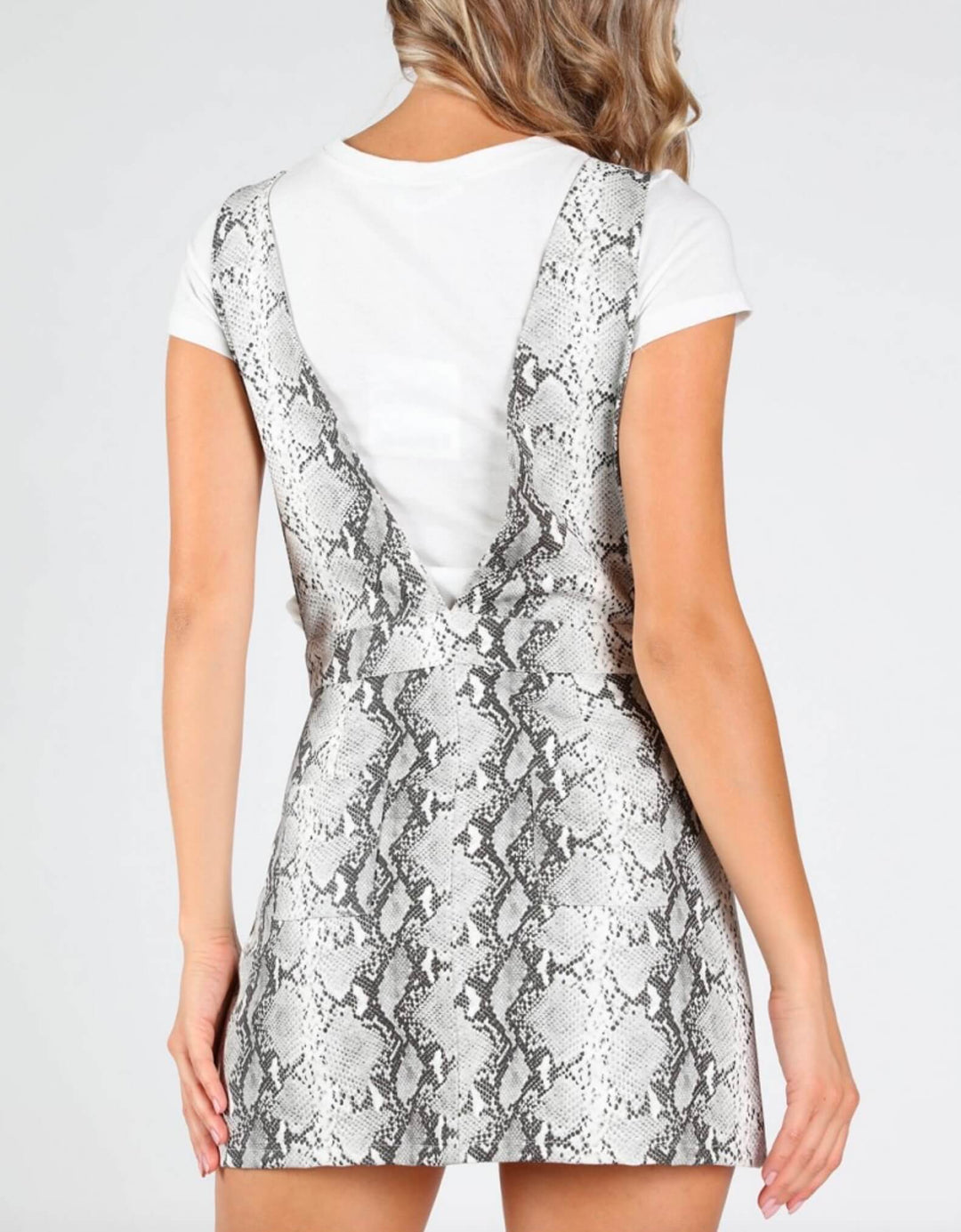 Final Sale - Honey Punch - Deep V Neck Snake Print Pinafore in Grey/Snake Print PU