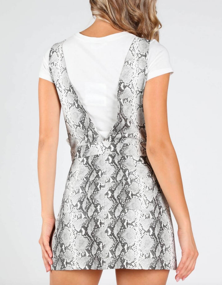 Final Sale - Honey Punch - Deep V Neck Snake Print Pinafore in Grey/Snake Print PU