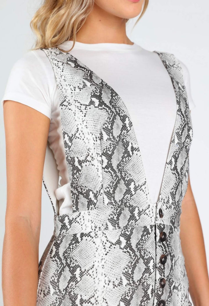 Final Sale - Honey Punch - Deep V Neck Snake Print Pinafore in Grey/Snake Print PU