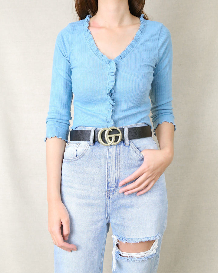 double ring - faux leather belt - textured - black