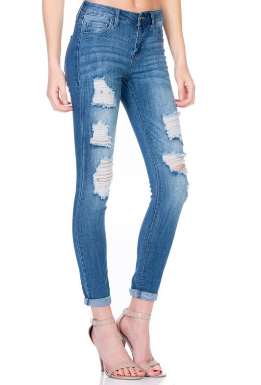 Victoria Destroyed Mid Rise Rolled Skinny in Medium Wash