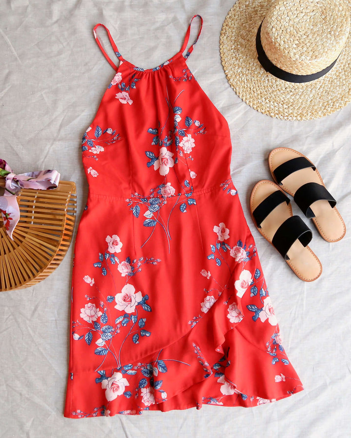 Floral Print Mini Halter Dress - Red/Pink