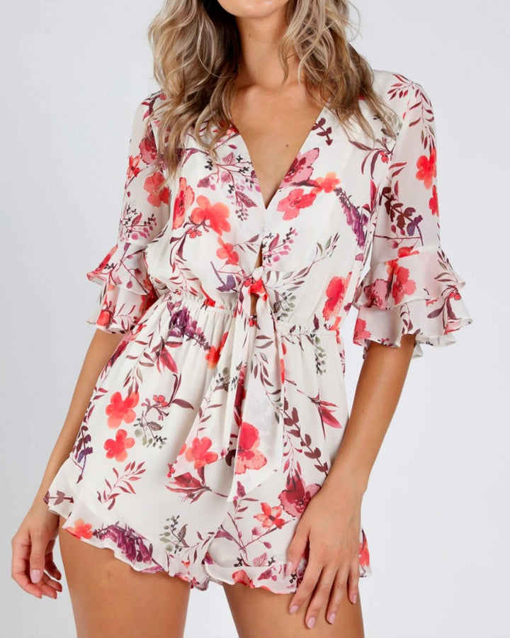 Honey Punch - Romantic Floral 3/4 Sleeve Romper with Ruffle Hem - Ivory Print