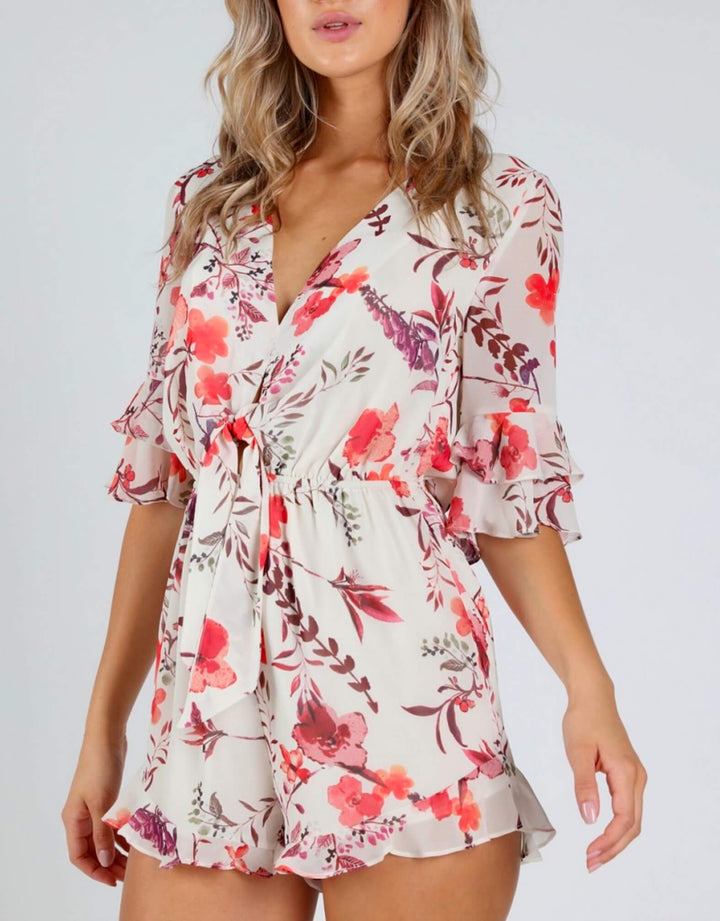 Honey Punch - Romantic Floral 3/4 Sleeve Romper with Ruffle Hem - Ivory Print