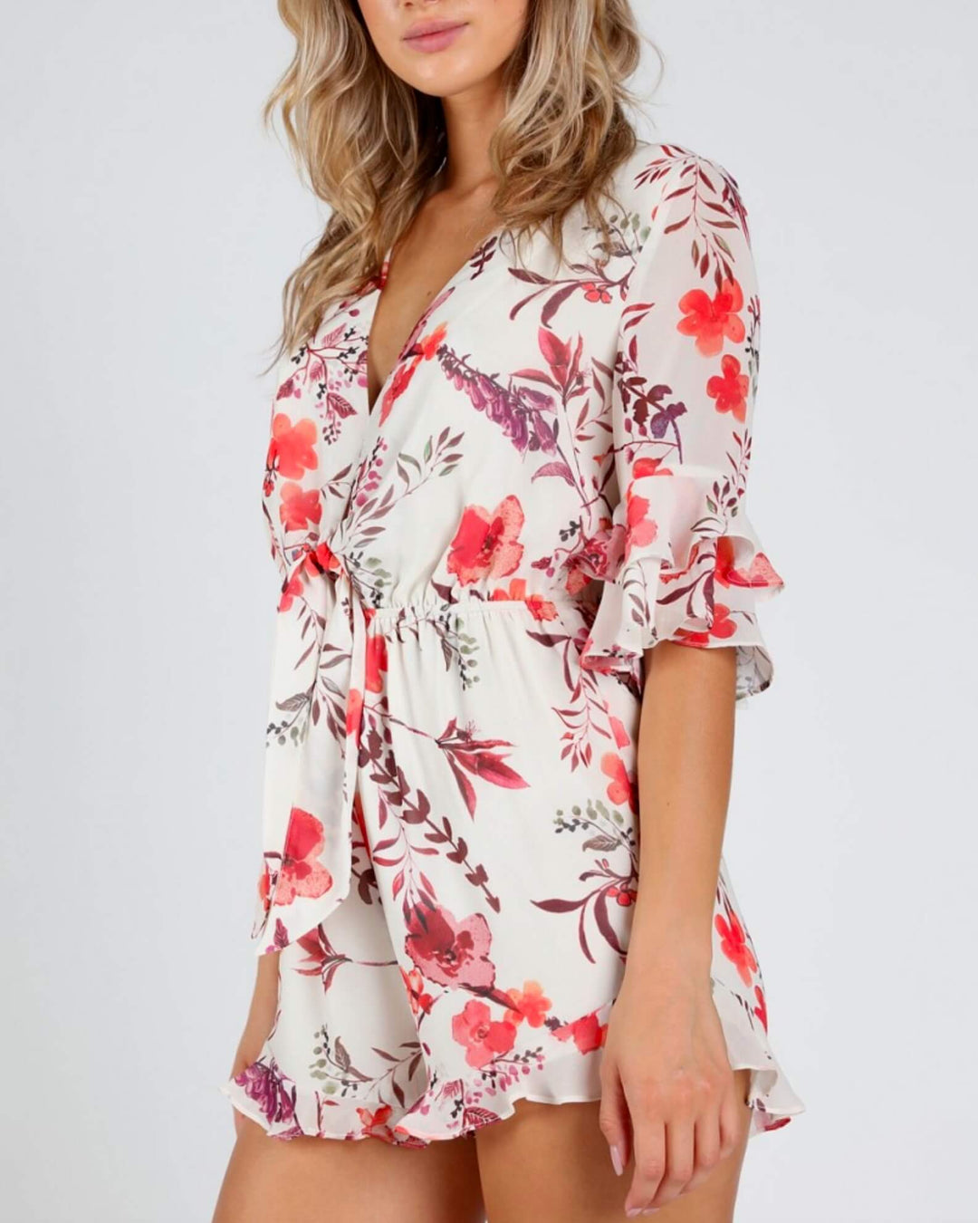 Honey Punch - Romantic Floral 3/4 Sleeve Romper with Ruffle Hem - Ivory Print