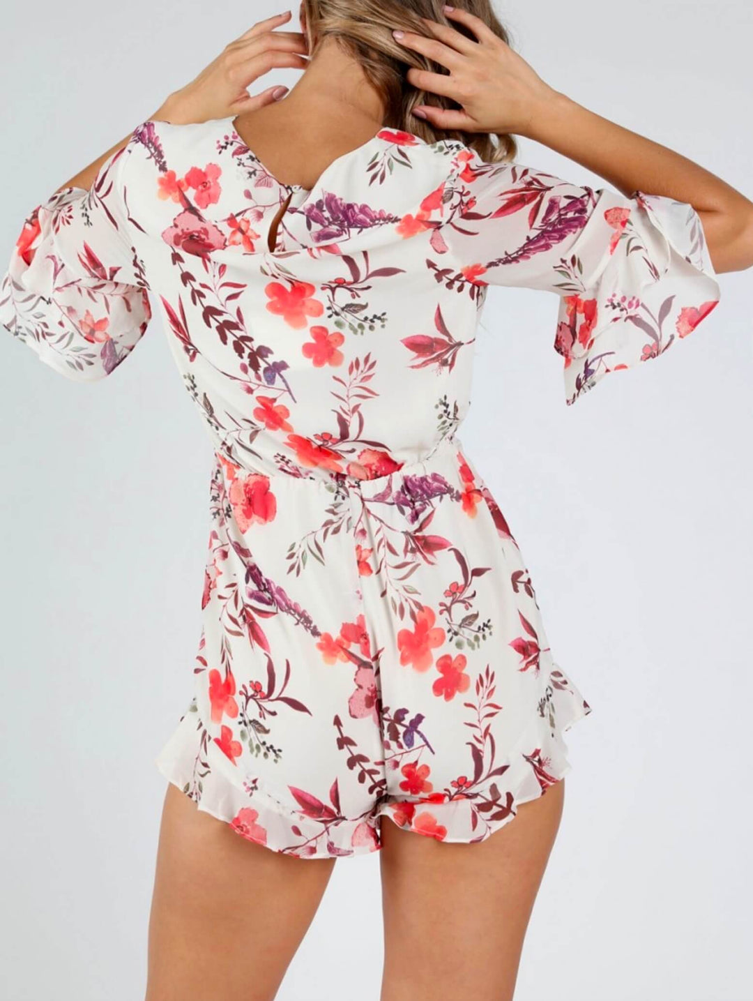 Honey Punch - Romantic Floral 3/4 Sleeve Romper with Ruffle Hem - Ivory Print