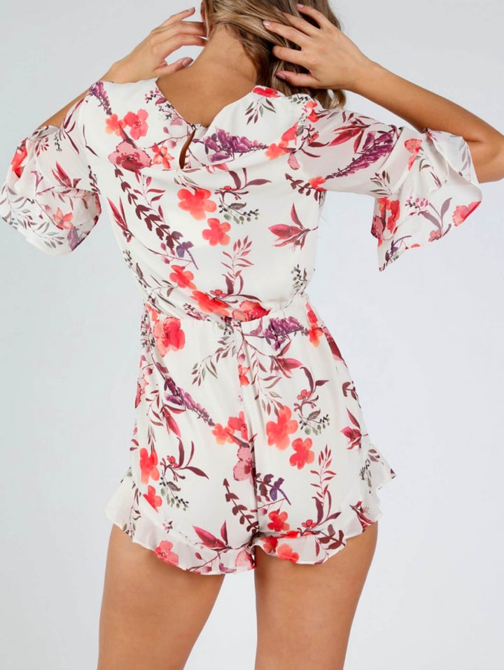 Honey Punch - Romantic Floral 3/4 Sleeve Romper with Ruffle Hem - Ivory Print