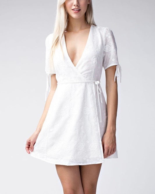 Wild Honey - Short Sleeve Embroidered Wrap Dress - White