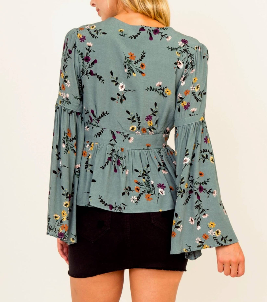 Olivaceous - Floral Bell Sleeve Blouse in Teal