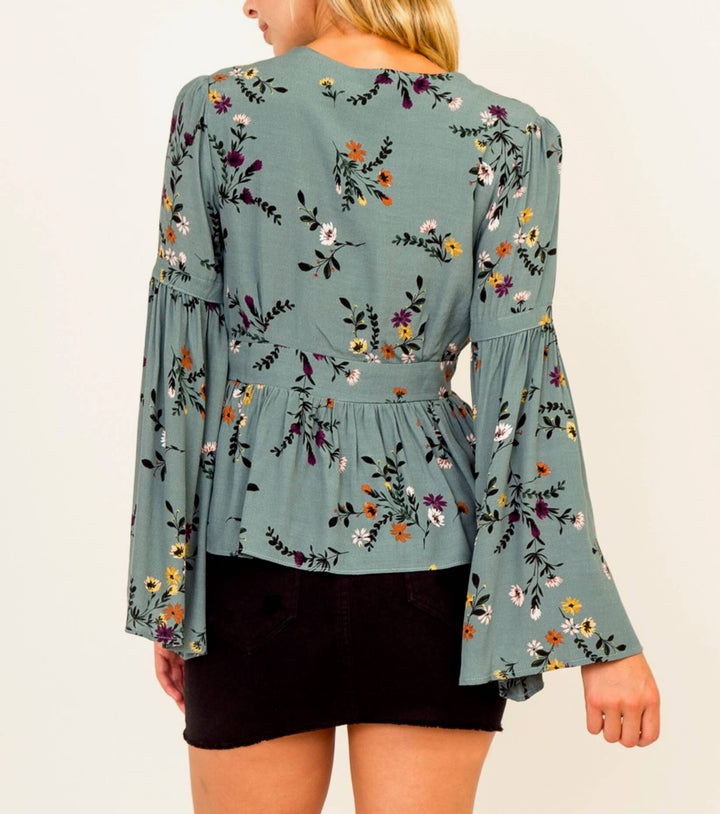 Olivaceous - Floral Bell Sleeve Blouse in Teal