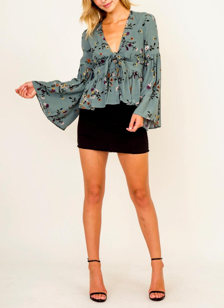 Olivaceous - Floral Bell Sleeve Blouse in Teal