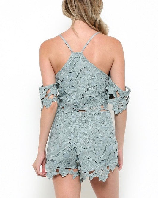 Wanderlust Floral Lace Off The Shoulder Two Piece Set in Slate Blue