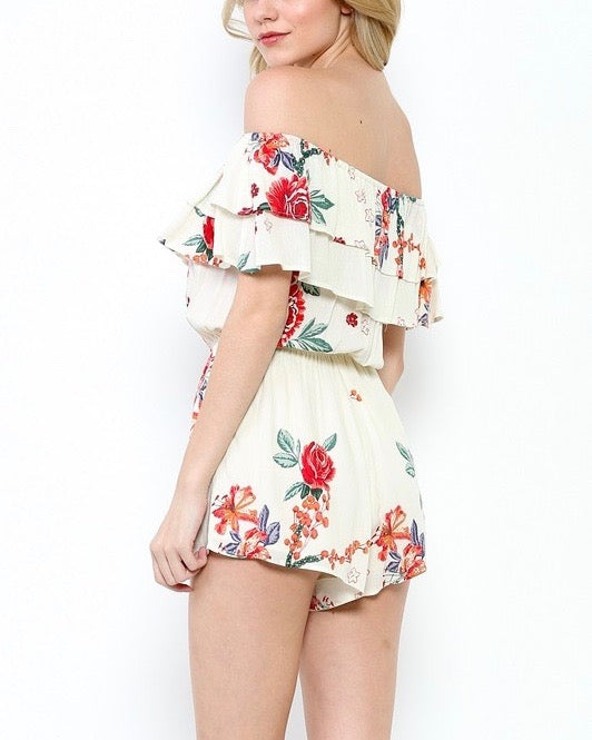 Final Sale - Slow Down - Off The Shoulder Woven Floral Ruffled Romper - Beige