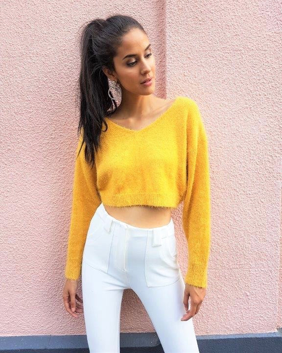 Soft Cozy Cropped Fuzzy Sweater MUSTARD