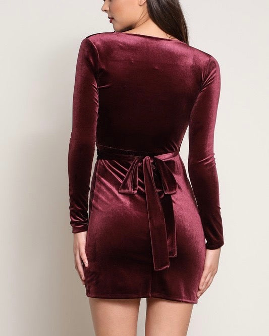 Velvet Wrapped Bodycon Dress in Burgundy