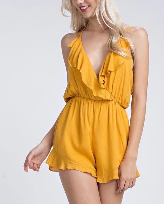 Honey Punch - Textured Ruffle Romper - Marigold