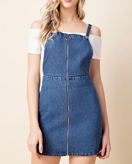 Final Sale - Honey Punch - O Ring Zip Up Denim Overall Dress - Denim