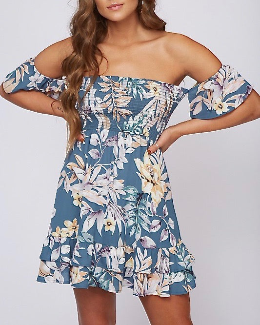 Final Sale - Off The Shoulder Smocked Floral Print Mini Dress