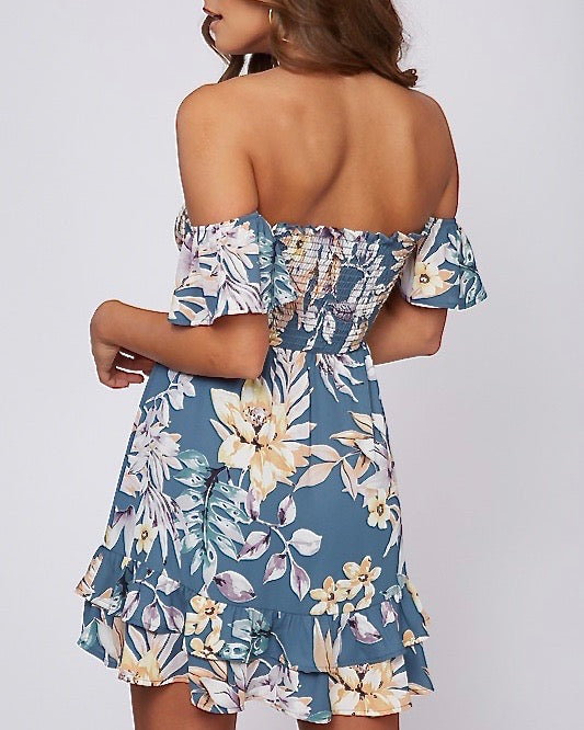 Final Sale - Off The Shoulder Smocked Floral Print Mini Dress