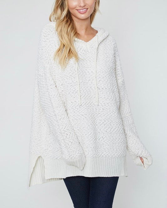 Boxy Fuzzy Long Sleeve Knit Hoodie in Ivory