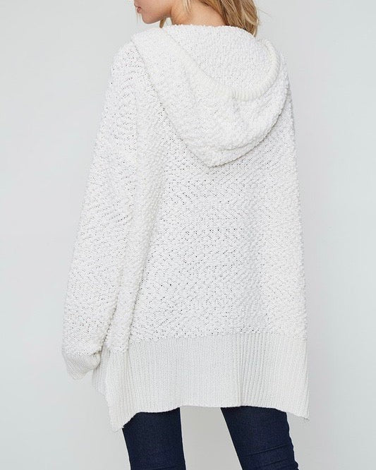 Boxy Fuzzy Long Sleeve Knit Hoodie in Ivory