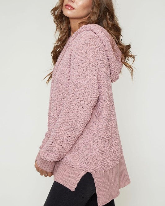 Boxy Fuzzy Long Sleeve Knit Hoodie in Mauve