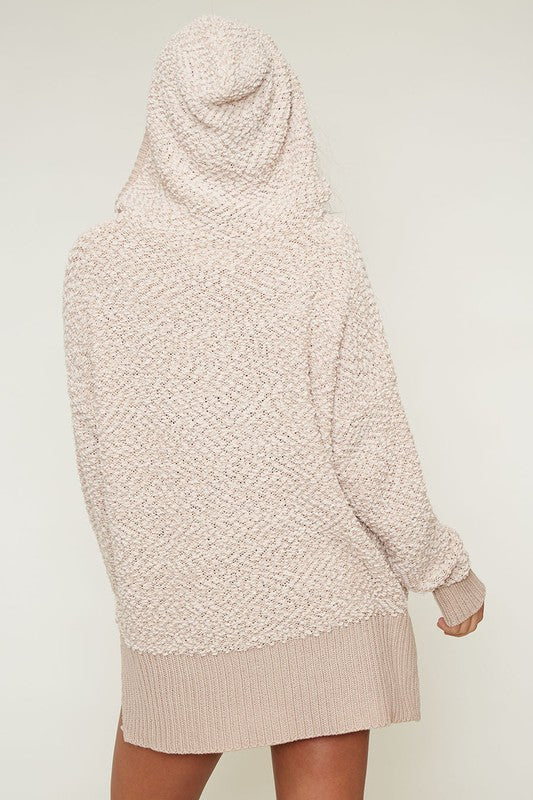 Boxy Fuzzy Long Sleeve Knit Hoodie in Taupe