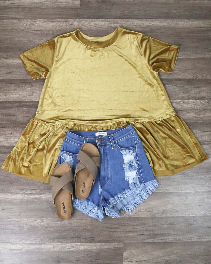 On The Road Peplum Velvet Tee in Mustard