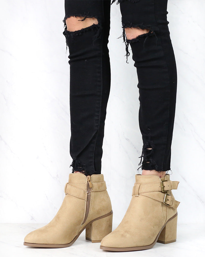 A Grand Entrance Faux Suede Ankle Bootie With Buckle Detail in More Colors