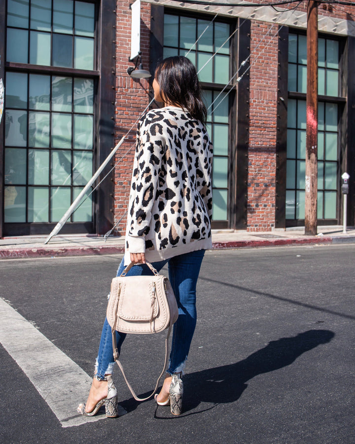 Animal Print Front Pocketed Open Front Knit Cardigan in Taupe