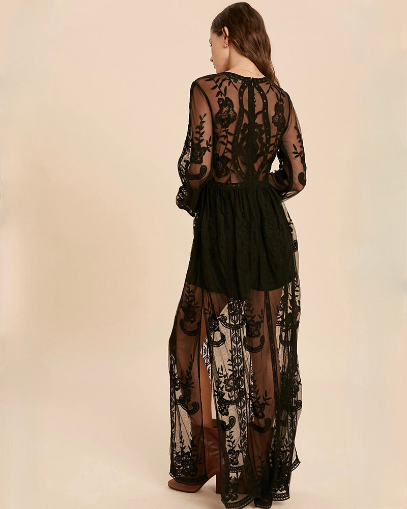 As You Wish Balloon Long Sleeve Embroidered Maxi Dress in More Colors